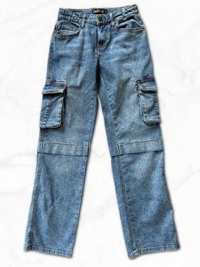 Y2K Wide / Straight Leg Cargo Jeans Light Wash Mid Rise Stretch Chic Connect  0